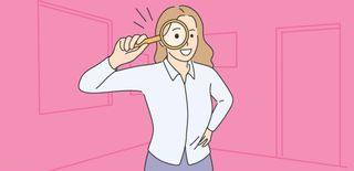 Illustrierte Frau mit Lupe vor rosa Hintergrund